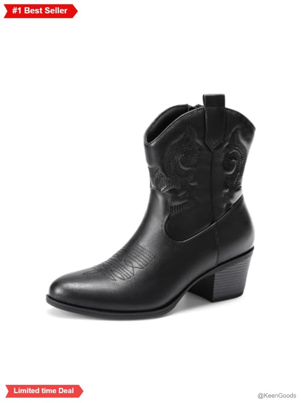 Women's Western Embroidered Ankle Boots Faux Leather Low Chunky Heel Round Toe